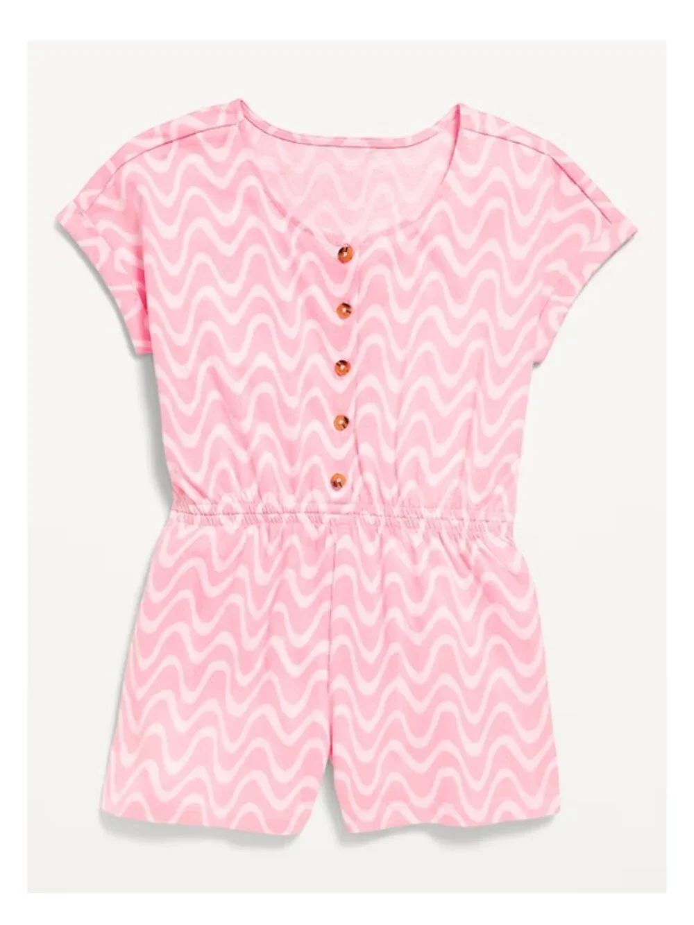 Old Navy Printed Short-Sleeve Button-Front Romper for Girls Pink Wave L New
